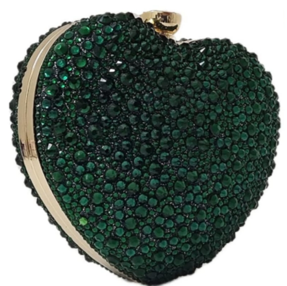 Emerald Green Heart Shaped Purse Crystal Clutch Crossbody Chain Event Mini Bag - Picture 6 of 16